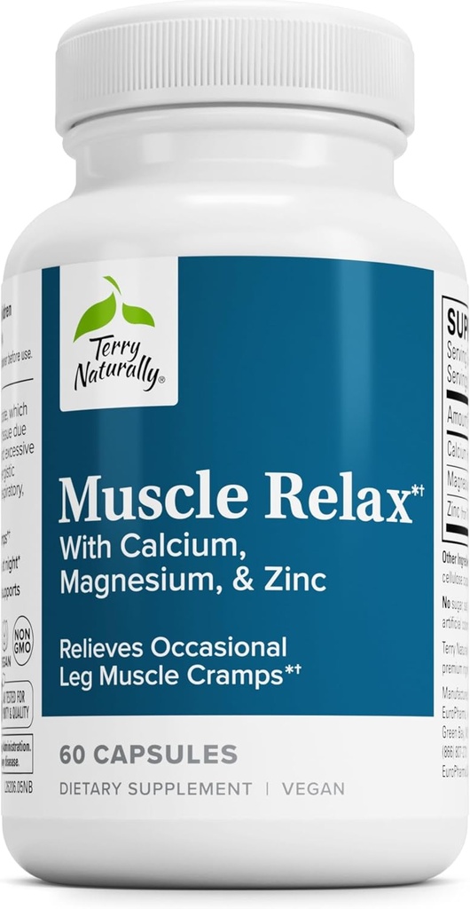 Terry Naturalmente Muscle Relax - Suplemento de apoyo Nervous System, Muscle Relaxation & Sleep - Muscle Relaxant Suplemento con Calcio, Magnesio & ZInc - Respiratory Health Aid - 60 cápsulas