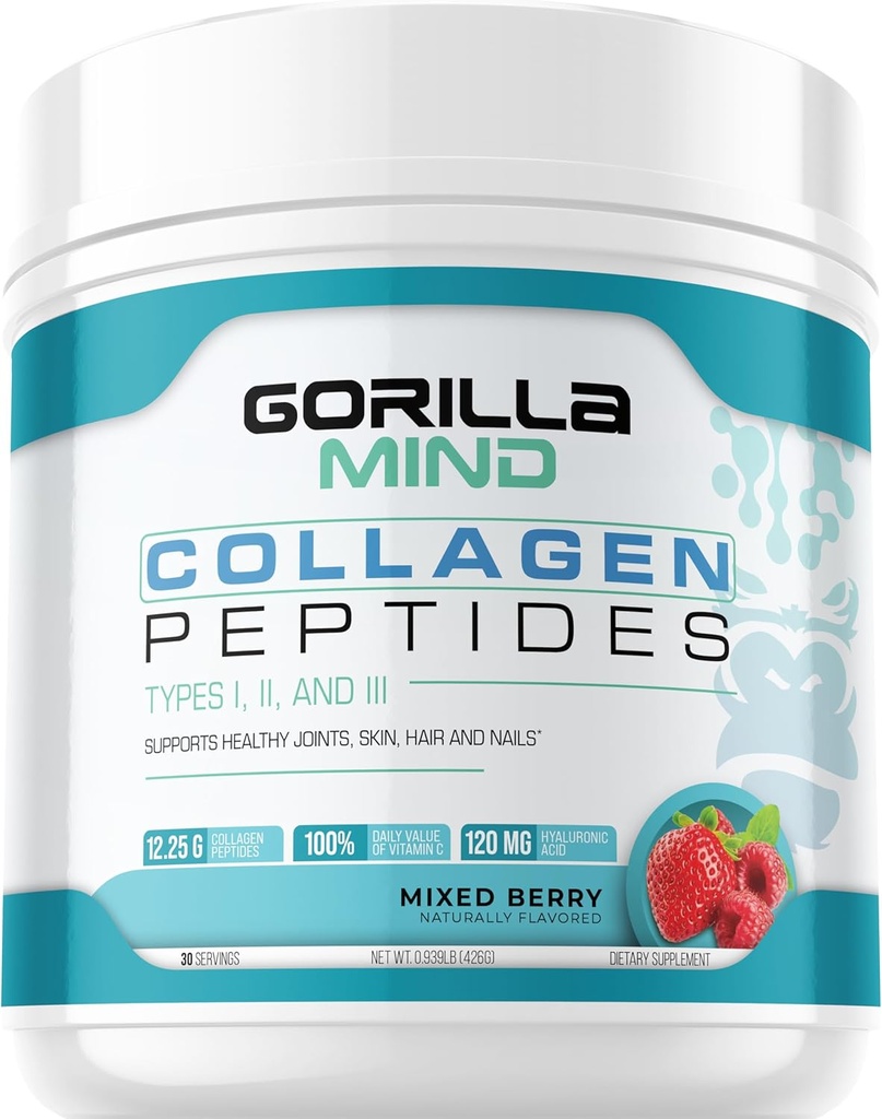Gorilla Mind Collagen Peptides Powder - Conjunto " Bone Health/Great for Hair, Skin " Nails/Sleep Support/Types I, II, III/Mix in Water, Juice or a Smoothie - 426g (Mixed Berry)