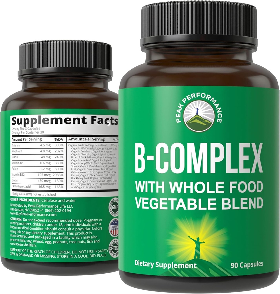 Vitamin B Complex Capsules + Whole Food Blend of 25 Vegetables and Fruits for Max Absorption. Best Vegan B-Complex Supplement with Vitamin B1, B2, B3, B5, B6, B7, B9 and B12. 90 Capsules. Energy Boost