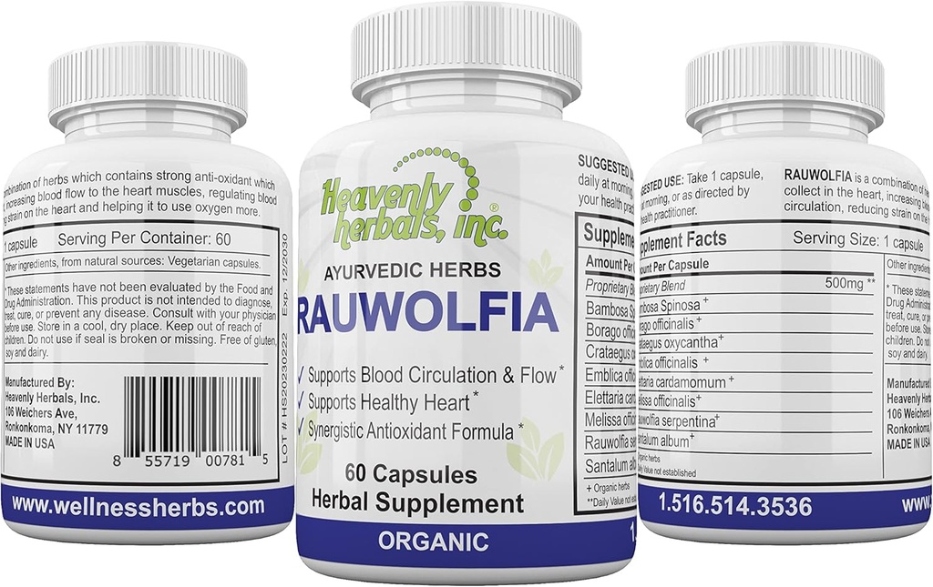Rauwolfia Capsules, Organic Herbal Supplement – Rauwolfia Serpentina Blend – Ayurvedic Herb & Natural Remedy – Blood Circulation Support & Flow – Natural Heart Health - 60 Ct