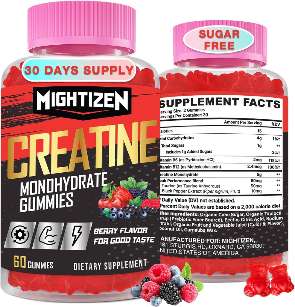 Cretina Monohydrate Gummies for Men &amp; Women, Creatine for Women Chewables Cretine Monohydrate with Taurine & Vitamin B12, Pre-Workout Gummies for Max Strength, Energy & Endurance, Berry 60 Counts