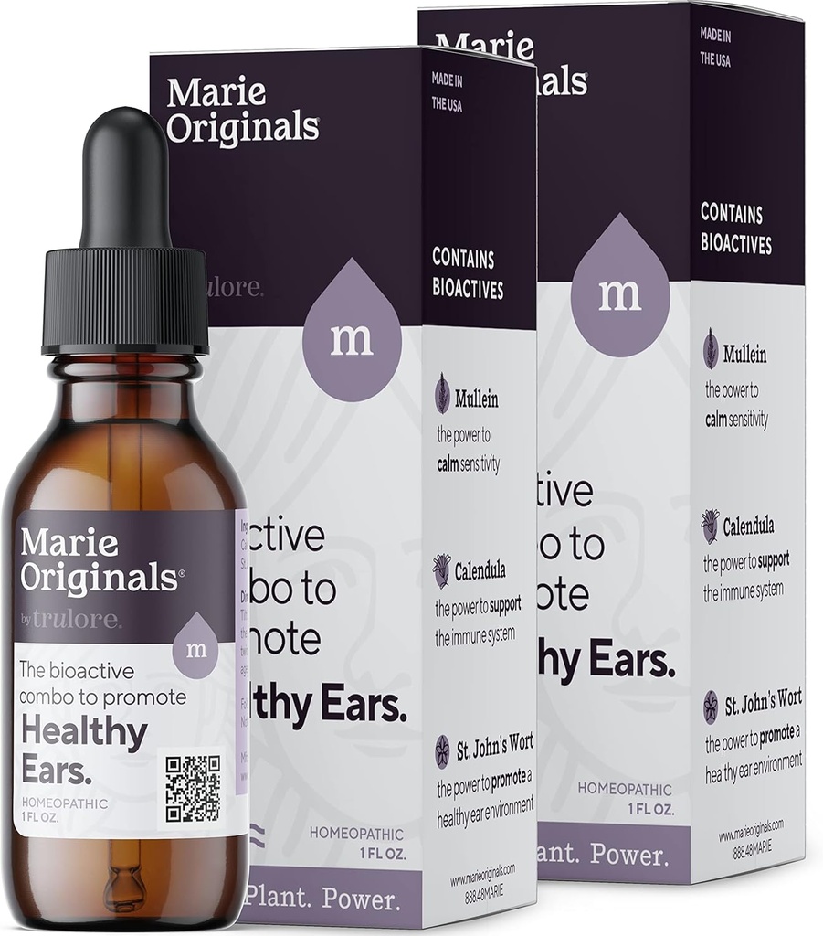 Marie Originals Natural Ear Oil Drops ← Mullein Aceite de ajo gotas para prevención de infecciones, Herbal Ear Ache Drops for Adults, Kids &amp; Pets, Soothes Ear Pain &amp; Wax Removal, Earache Remedies (2 Pack)