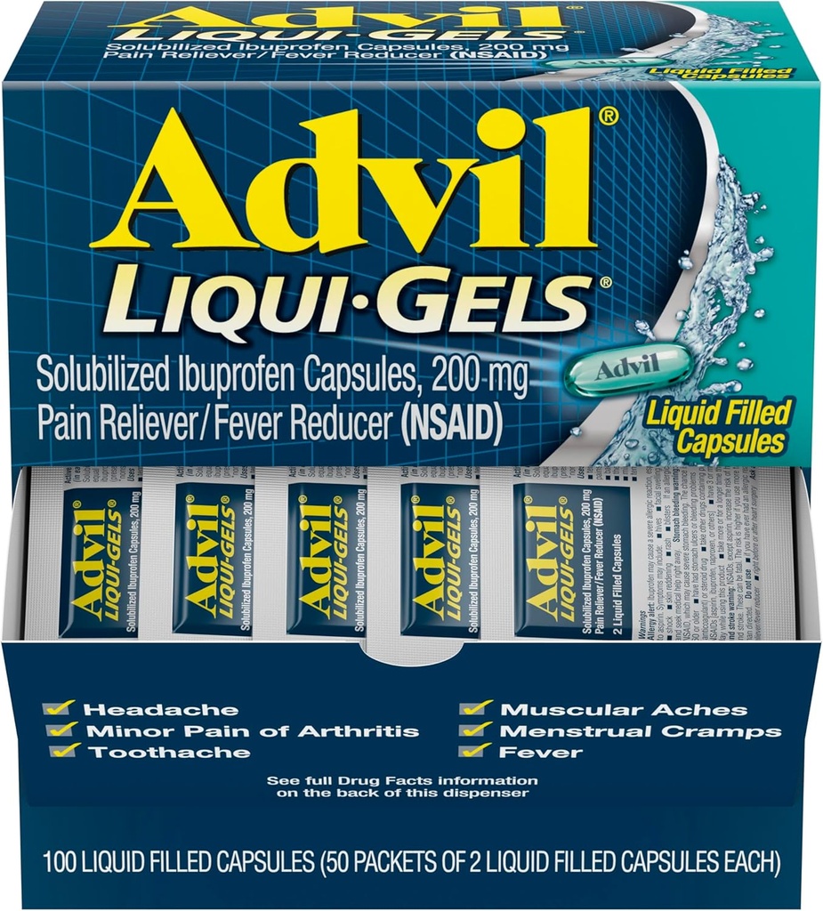Alimentador de Dolor y Reductor de Dolor Advil Liqui-Gels, Medicamento de Dolor para Adultos con Ibuprofeno 200 mg para Dolor de Cabeza, Dolor de Dolor Menstrual y Alivio de Dolor Conjunto - 50x2 Líquido