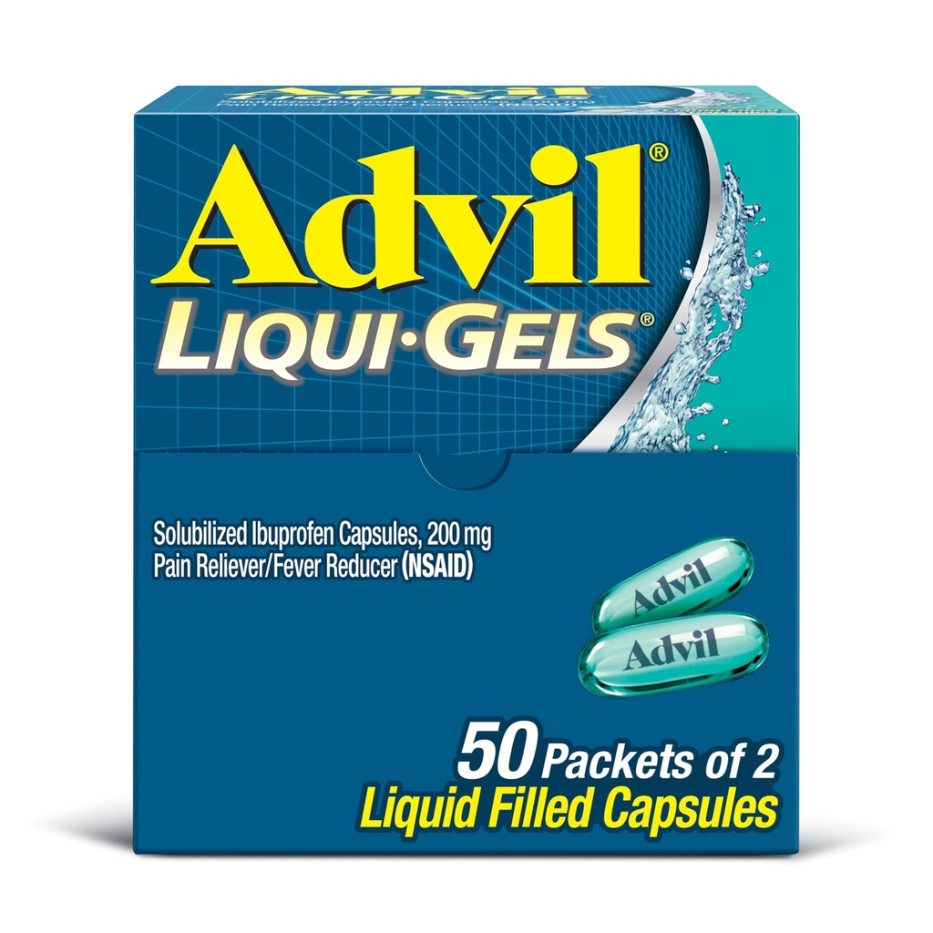 Alimentador de Dolor y Reductor de Dolor Advil Liqui-Gels, Medicamento de Dolor para Adultos con Ibuprofeno 200 mg para Dolor de Cabeza, Dolor de Dolor Menstrual y Alivio de Dolor Conjunto - 50x2 Líquido