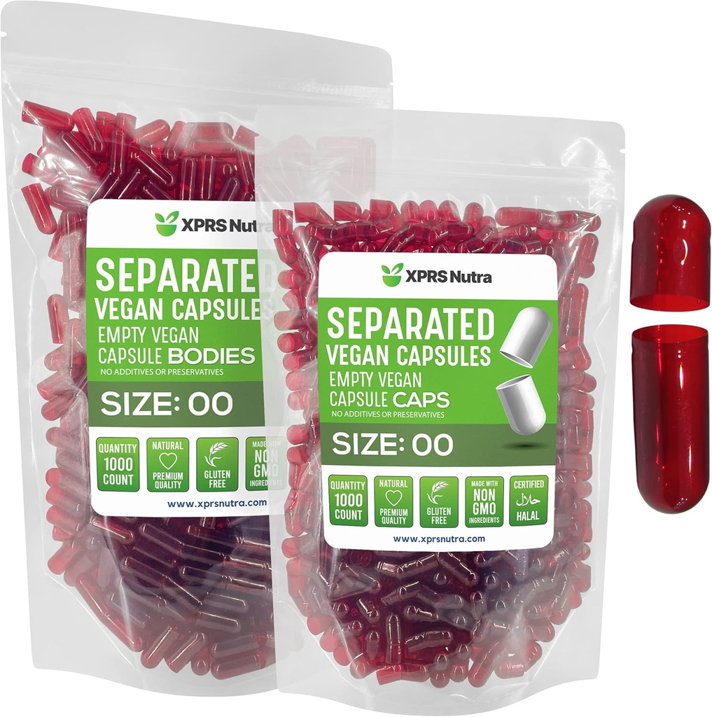 XPRS Nutra Vegan Tamaño 00 cápsulas separadas - 1000 cápsulas de vacío Premium Separados en bolsas - 00 pastillas Vacío para relleno de suplemento de bricolaje (Clear Rojo)