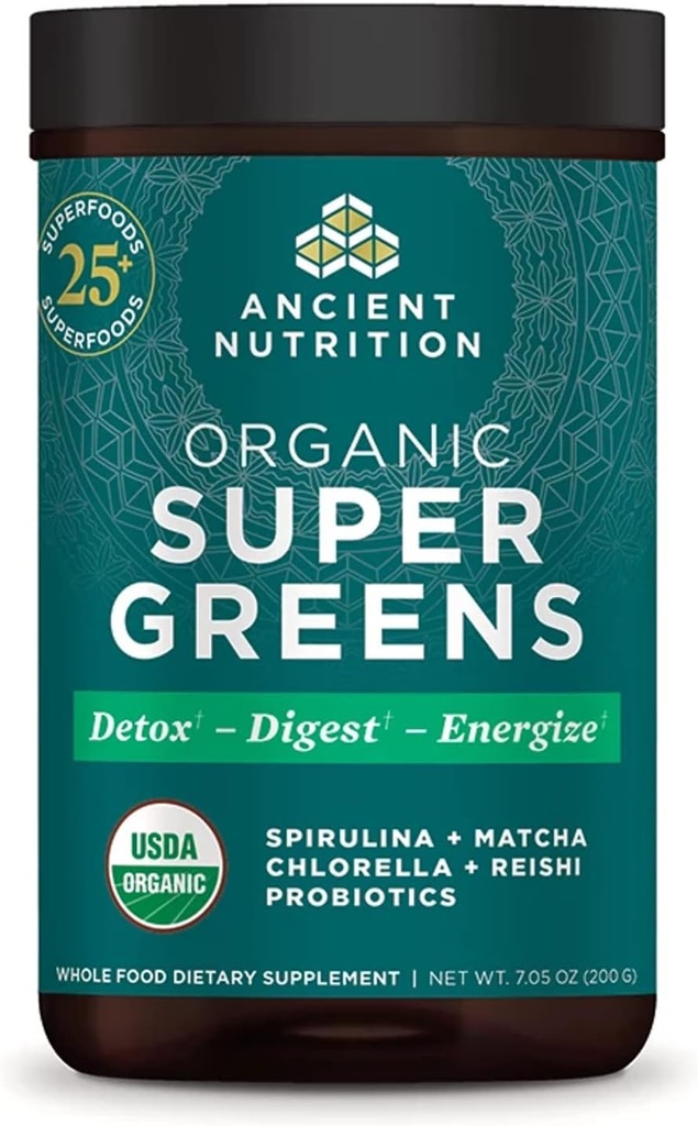Antigua Nutrición Super Verdes Polvo, Polvo Ecológico Superalimentario con Probióticos Hecho con Spirulina, Clorella, Matcha y Enzimas Digestivos, 25 Servimientos, 7.05oz