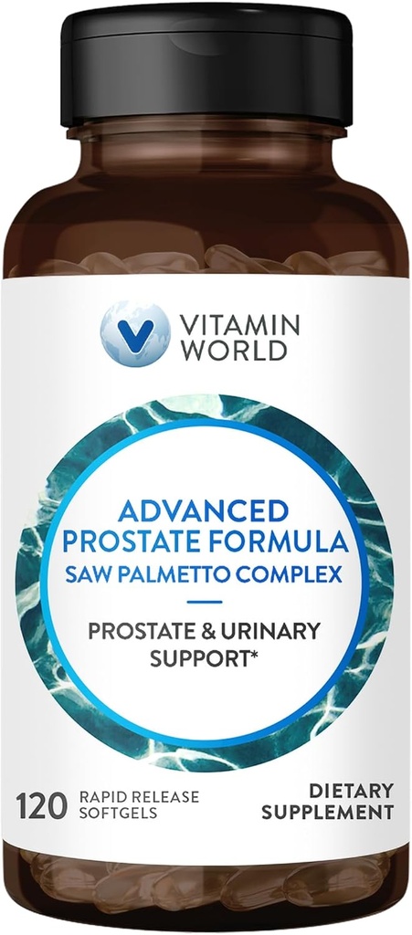 Vitamina World Advanced Prostate Formula Saw Palmetto Complex 120 Softgels, apoya la salud de próstata, salud urinaria, liberación rápida, libre de gluten