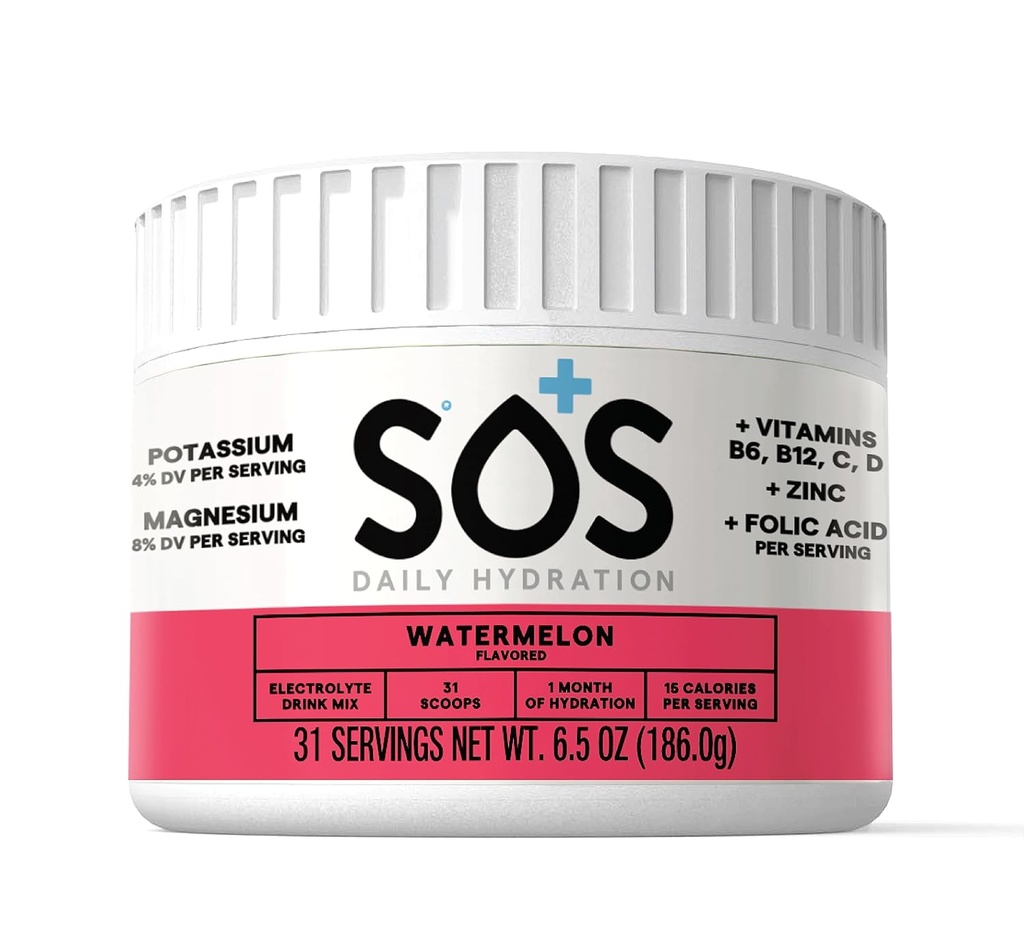 SOS Hydration Electrolyte Drink Mix ← 31 Servings ← Bajo Azúcar Silencioso 15 Calorie ← Keto-Friendly & Rapid Rehydration ← Watermelon