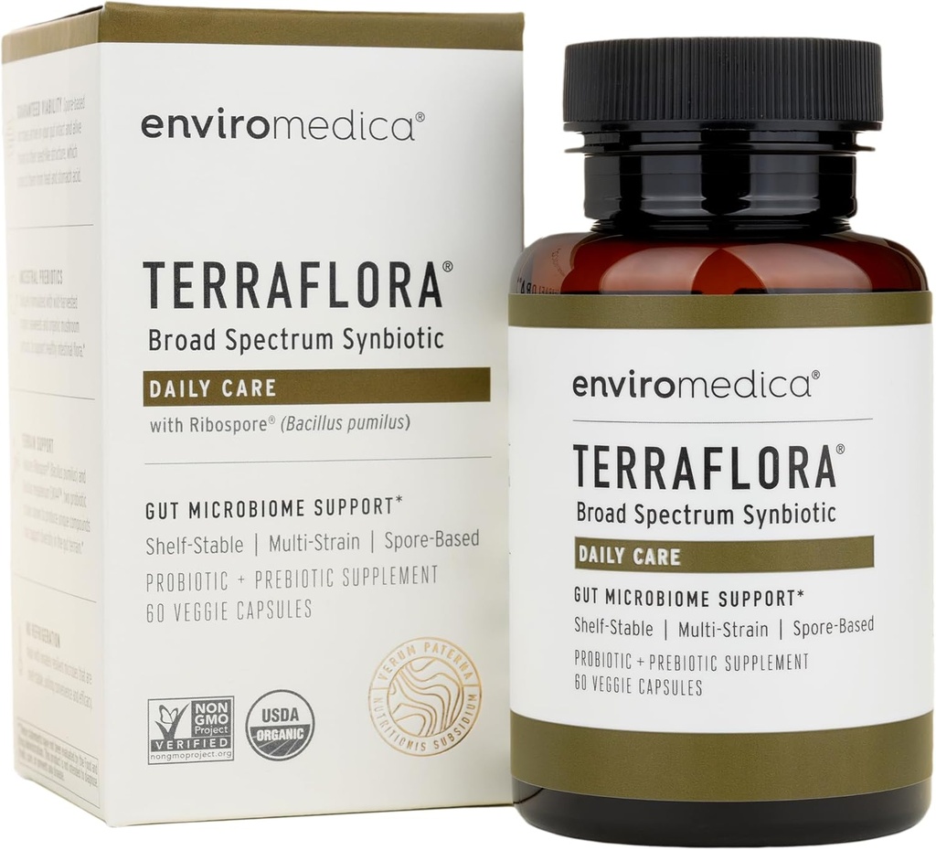 Terraflora Daily Care sinbiótico de probióticos y prebióticos para Mujeres y Hombres 60 ct, Soil Based, Shelf Stable, alergen Friendly Spore Based Supplement Capsules Promote Gut Health by Enviromedica