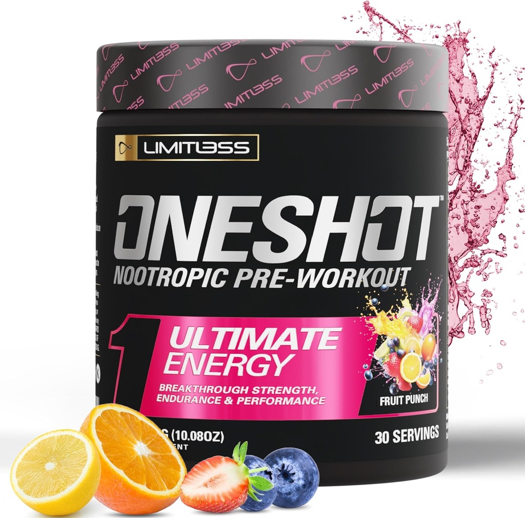 Oneshot Pre Workout Powder for Men and Women - BCAAS Amino Acids Supplement Powder, 200mg Caffeine, Beta Alanine Powder, Citrulline Malate Preworkout Powder - Fruit Punch - 30 Servings