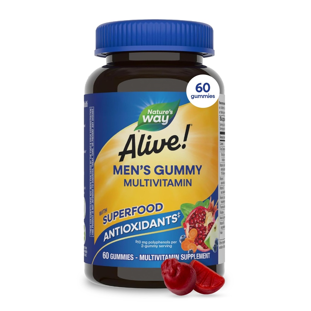 ¡La naturaleza está viva! Mangas multivitamínicas masculinas, apoya el metabolismo energético*, función muscular*, antioxidantes superalimentarios(1), B-Vitamins, vegetariano, sabor a frutas, 60 gomas (paquete mayo Vary)