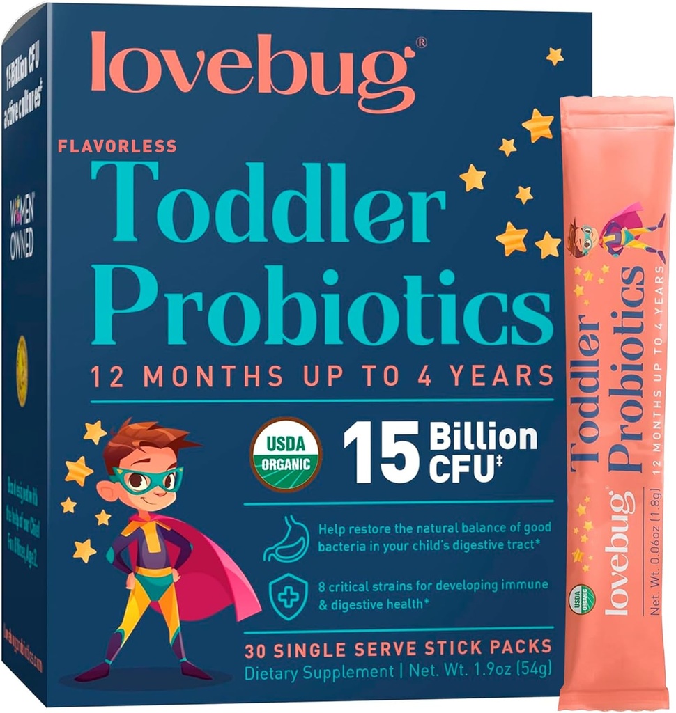 Lovebug Kids Probiotic Powder with Prebiotic Fiber - Toddler Immunity Support &amp; Constipation Relief - USDA Organic Probiotics for Childrens Gut & Digestive Health (Ages 1-4) - 30 Pack (Unflavoured)
