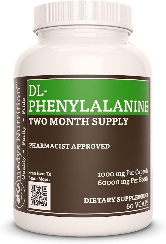 Nutrición de Remedy DL-Phenylalanine (DLPA) TENIDO 1000 mg, 60 cápsulas veganas Suplemento dietético TENIDO Dos meses de suministro