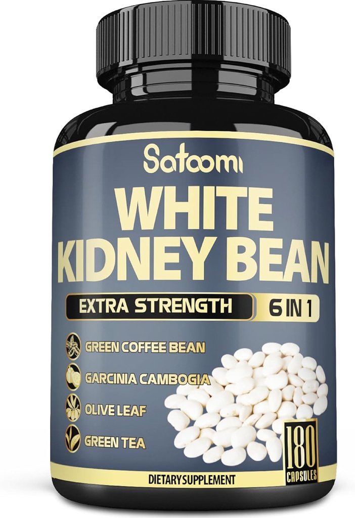 Satoomi 6in1 White Kidney Bean Extract Capsules - 6 Month Supply - Extra Blend with Olive Leaf, Green Coffee Bean & Green Tea - 180 Counts