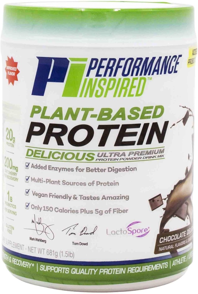 Performance Inspired Nutrition Plant Protein Powder – All Natural – 20G Protein – 1B Probióticos – Enzimas digestivas – Empaquetado de fibra – Gluten Free – Chocolate Delight – 1.5lb