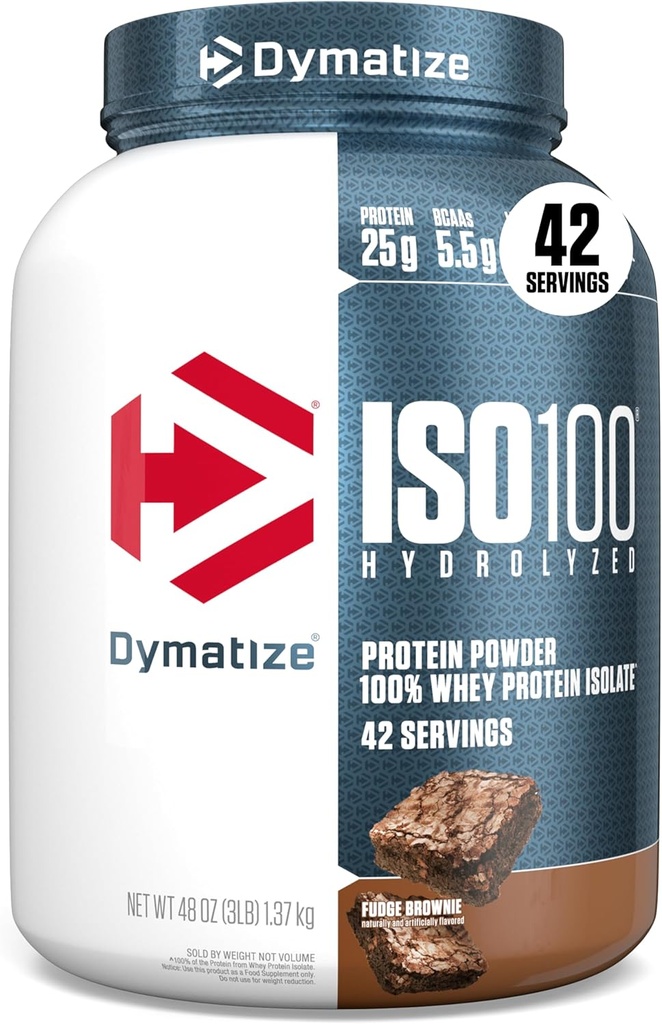 Dymatize ISO100 Whey Protein Powder Isolate, Fudge Brownie, 25g de Protein, 3 libras, 5.5g BCAAs, Menos Than 120 Cal., Gluten Free, 1g Fat, 1g Sugar, 2g Carb (42 Servings)