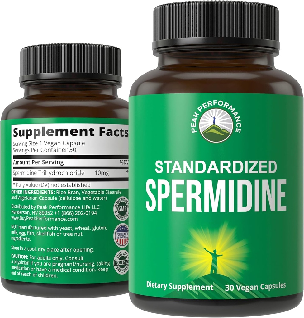 Spermidine Supplement Ultra High Strength Standardized to 99% Spermidine Trihydrochloride. Más Potent Than Wheat Germ Extract. Cápsulas Vegan para el envejecimiento saludable, Longevidad. Estados Unidos testó suplementos
