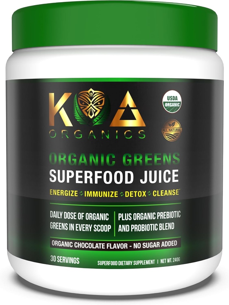 Greens Superfood Juice Powder - USDA Organic Super Greens Powder with Spirulina, Chlorella, Matcha, Wheat Grass, Digestive Enzymes & Probiotics - Chocolate Flavor -30 Serv