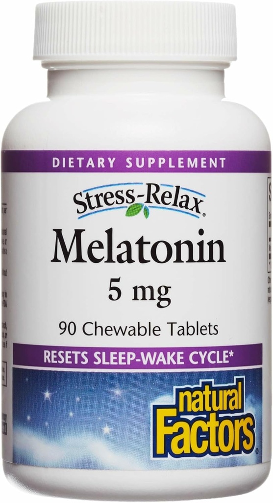 Stress-Relax Melatonin 5 mg por Factores Naturales, Asistencia Natural para el sueño, Reinicie el ciclo del sueño, 90 comprimidos masticables (90 porciones), Peppermint Flavor