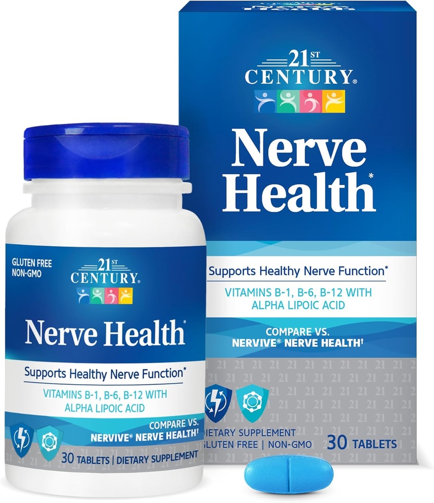21st Century Nerve Health Tablets (30 conde), Alpha Lipoic Acid 300mg, B1, B6, &amp; B12 Vitaminas para Nerve Function Support, Antioxidant ALA Supplement, Gluten Free. Non-GMO, & Vegan