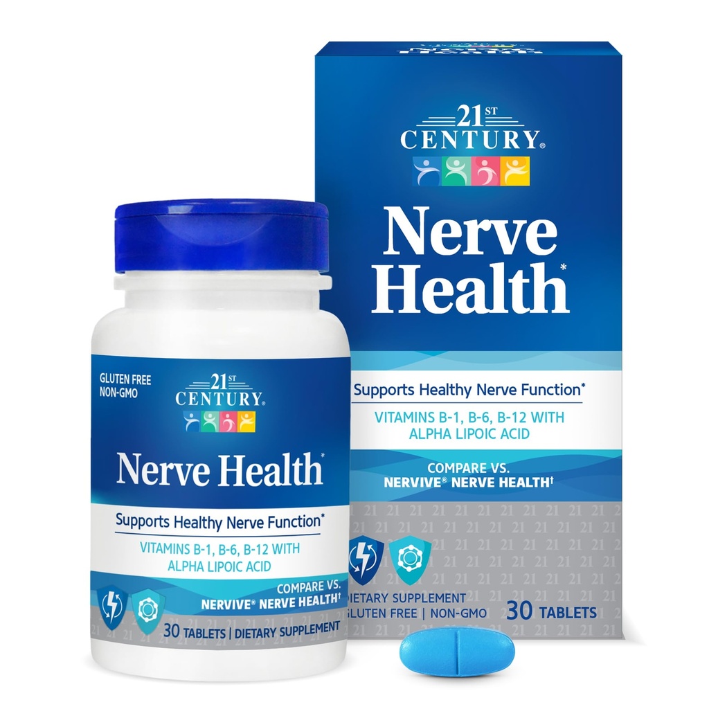 21st Century Nerve Health Tablets (30 conde), Alpha Lipoic Acid 300mg, B1, B6, &amp; B12 Vitaminas para Nerve Function Support, Antioxidant ALA Supplement, Gluten Free. Non-GMO, & Vegan
