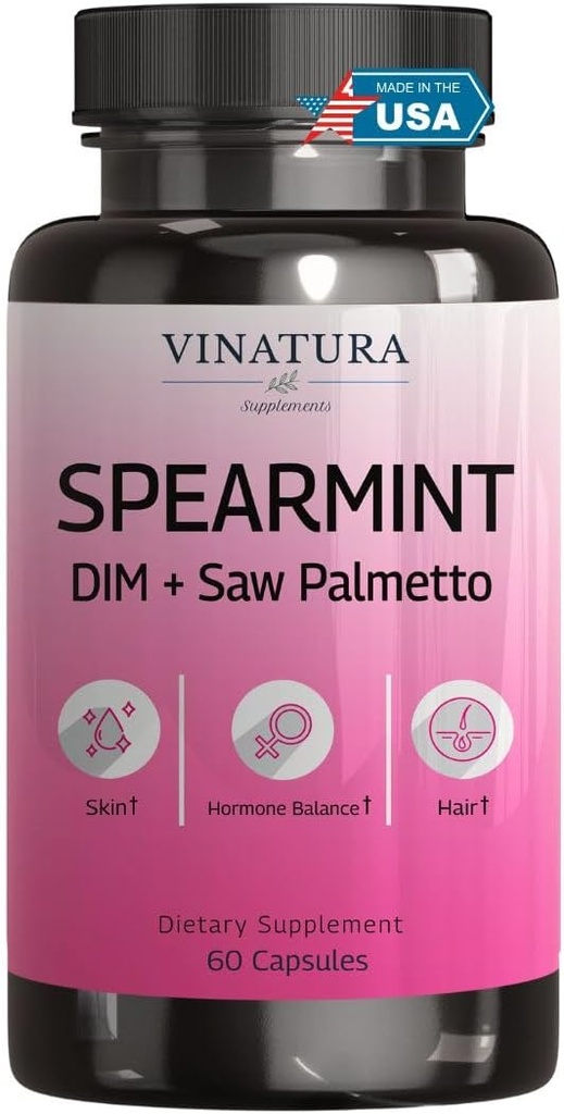 VINATURA Spearmint Leaf Capsules Supplement - Enhanced with DIM & Saw Palmetto, for Unwanted Hair, Women' Health & Skin *USA made & Tested* - 1380mg/serving, 60 cápsulas (30 servidos)