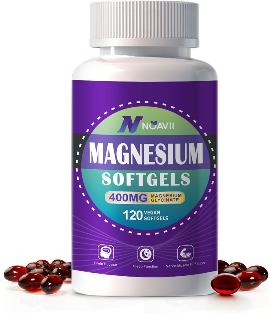 Suplemento de magnesio Softgels, Facil Absorción Magnesio Glycinate Gel Capsules 400mg con D3 &amp; K2, Magnesio de alta biodisponibilidad para el sueño &amp; calma, Nervous, Muscle &amp; Bone Health