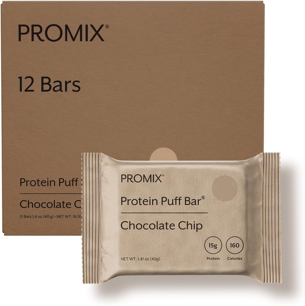 ProMix Nutrition Protein Puff Bares, 12-Pack - Chocolate Chip - Marshmallow Crispy Treat - Great Tasting &amp; Healthy On The Go Snack - High Protein & Low Calorie - Non-GMO &amp; Free from Gluten, Soy, &amp; Corn