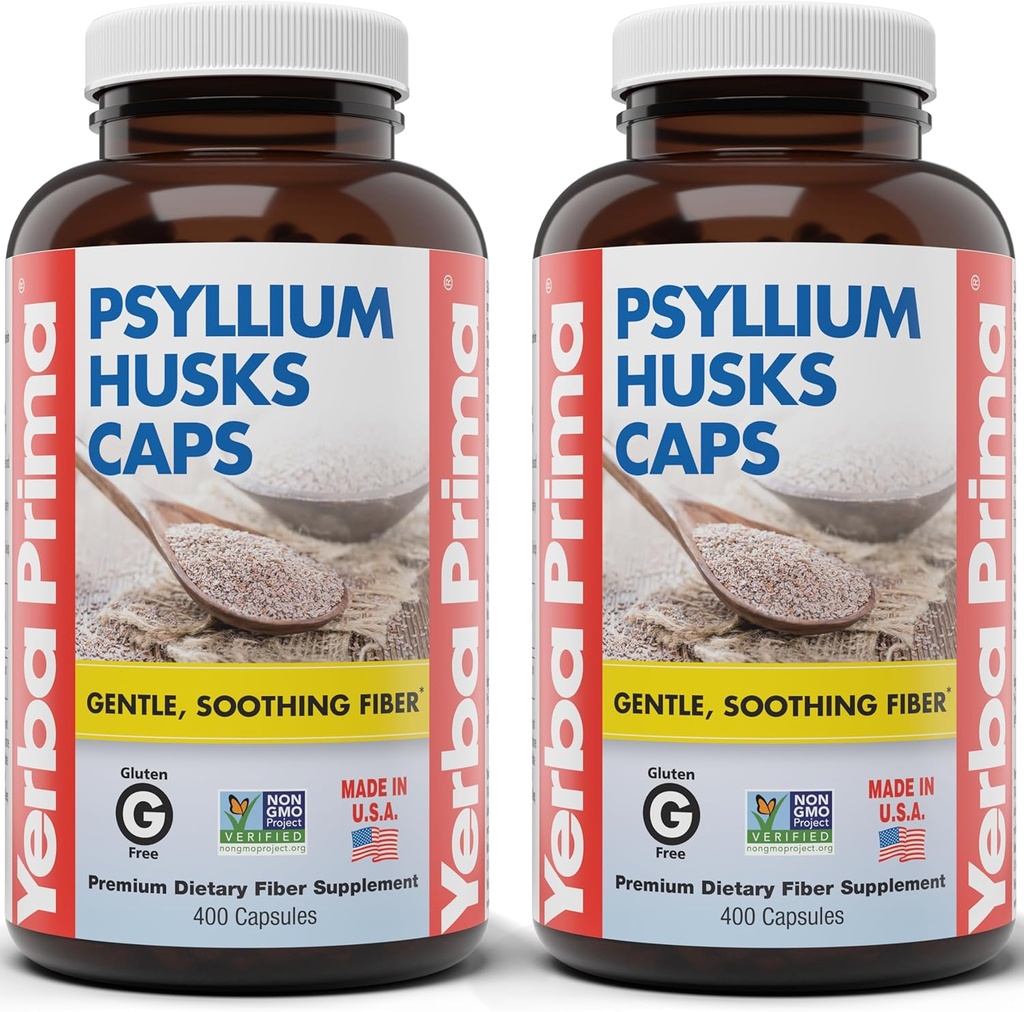 Yerba Prima Psyllium Husks Caps, 625 mg, 400 Capsules (Pack of 2) - Fibra Natural para Hombres y Mujeres - Regularidad Apoyo Suplemento