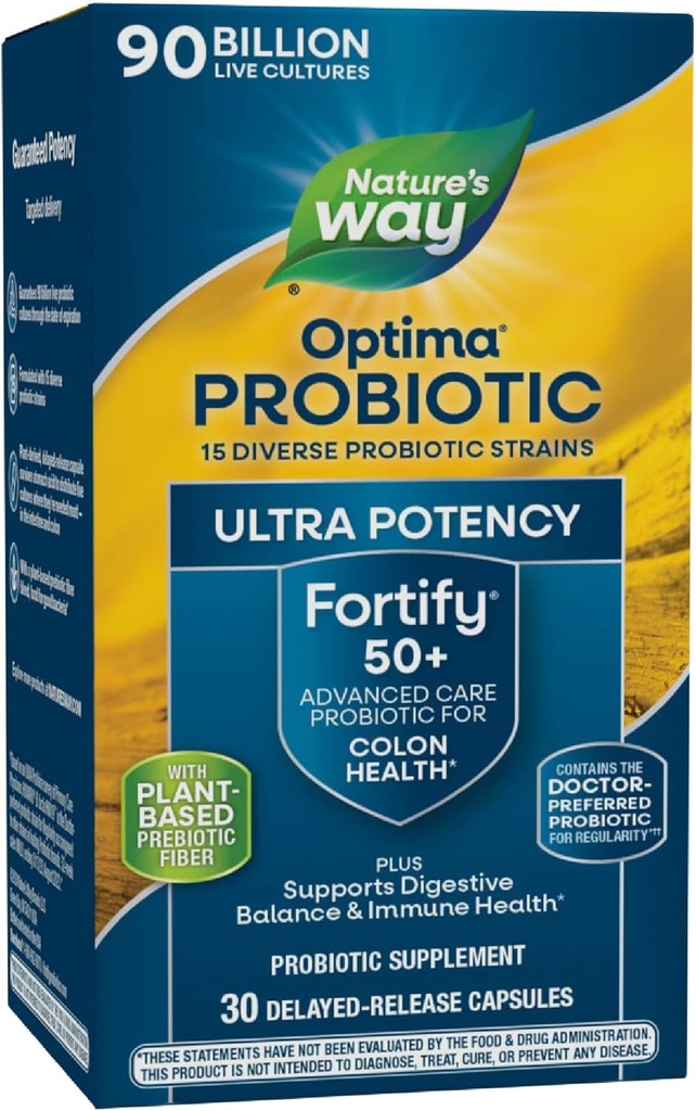 Camino de la Naturaleza Fortalecer Optima Probiótico para Adultos 50+, 90 Billones Culturas en vivo, 15 Strains, Colon Health*, Apoya Equilibrio Digestivo y Salud Inmunitaria*, 30 Capsules (Paquete May Vary)