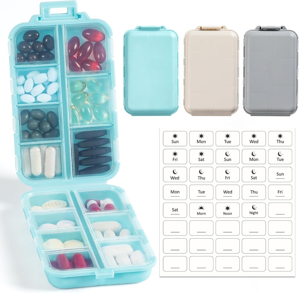 3 Pack, 14 GRIDS Travel Pill Organizer Box with Labels - Travel Medicine Case Kit - Pocket Daily Pharmacy Container - Travel Medication Holder Dispenser for Fish Oil Vitamin Storage