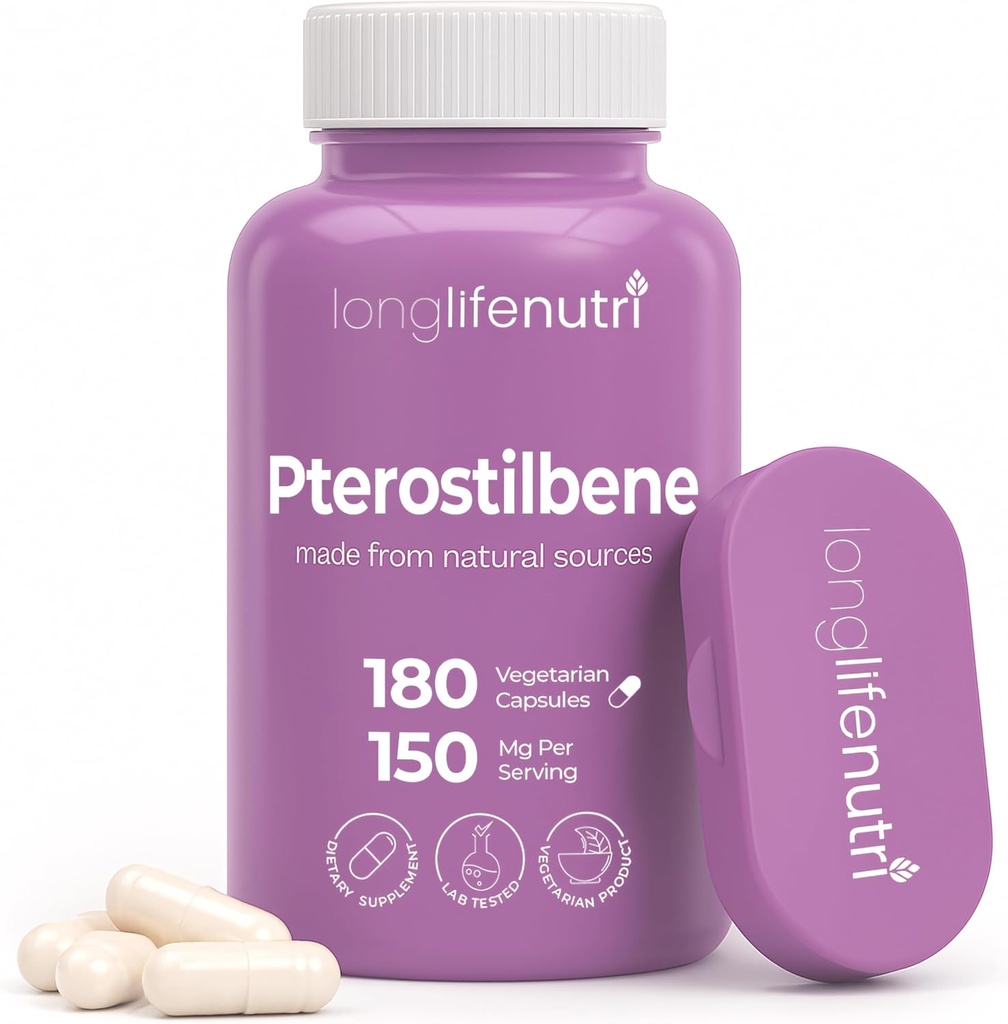 Pterostilbeno Suplemento 150mg, Elevate Cellular Energy, 180 Vegan Capsules, 3 Month Supply, Puro Pterostilbene Ecológico Extracto, Hecho en EE.UU., No GMO, Clean Label, Easy Swallow Antioxidant Support