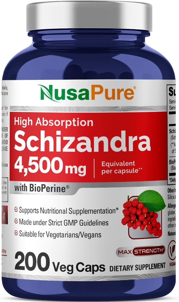 NusaPure Schizandra Berries 20:1 Extracto, 225 mg Equivalente a 4500mg, 200 cápsulas veganos (No-GMO, Bioperina)