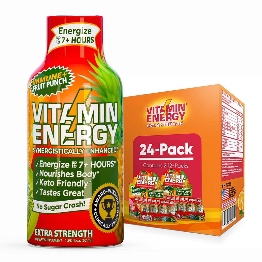 Vitamin Energy Immune+ Extra Strength Energy Shot Fruit Punch 24 Pack, 260mg Natural Caffeine, B-Vitamins, Citicoline, Green Tea, Immunity & Focus Support, Zero Sugar, Gluten-Free 1.93 fl oz