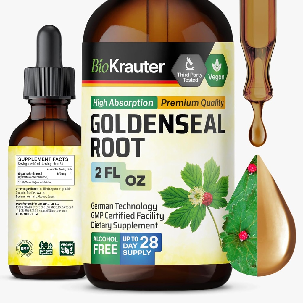 BIO KRAUTER Goldenseal Root Extract Liquid - Vegan Respiratory Support - Golden Seal Drops - Alcohol &amp; Sugar Gratis - 2 Fl.Oz.