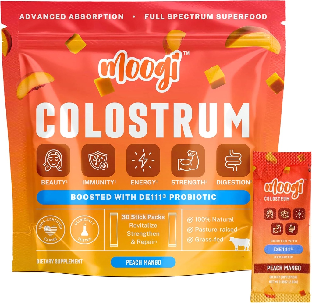 MoogiTM Premium Colostrum Powder con DE111® Probiotic ← Peach Mango, 30 Stick Pack ← Bovine Colostrum Powder for Women &amp; Hombres