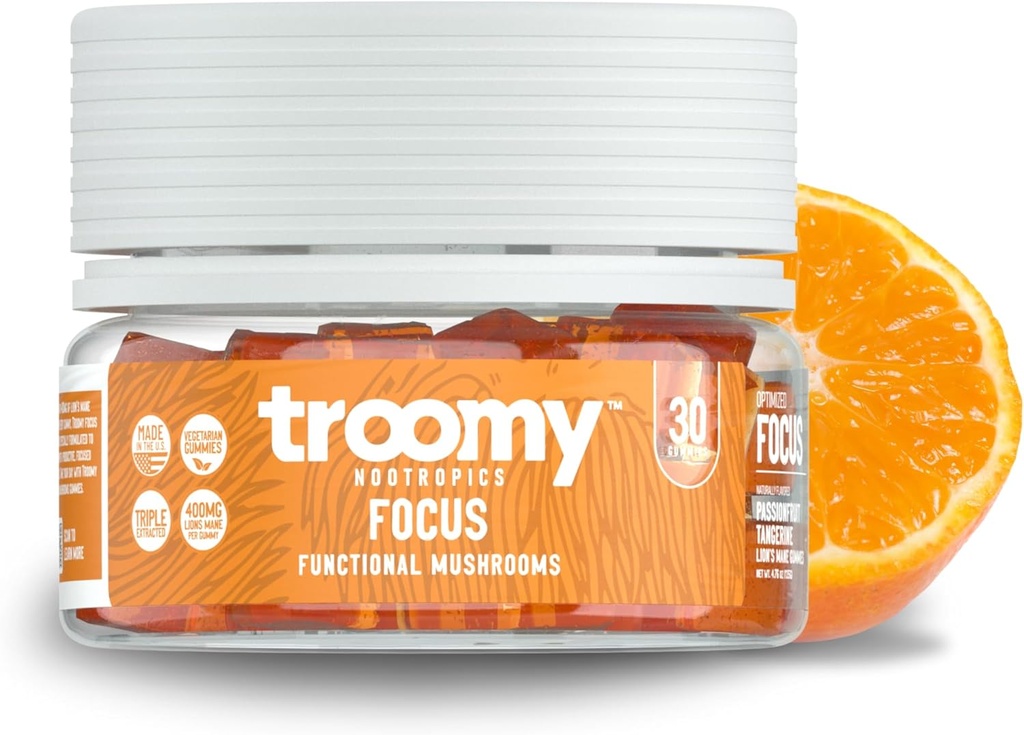 Troomy Lion's Mane Focus Gummies 30 Cuenta - Tangerine natural y Passionfruit Flavor, Gelatin-Free, Gluten-Free, Vegetarian