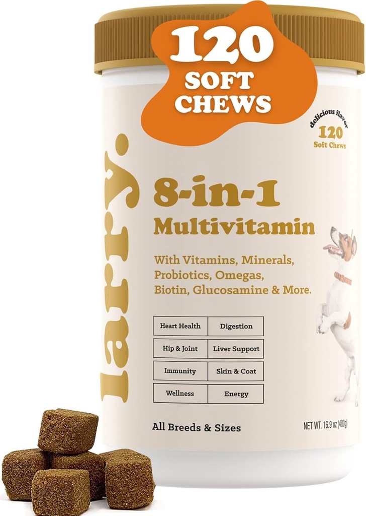 Suplemento de perros multivitamínico de 8 en-1 por Larry tóxico Corazón, Digestión, hígado, piel, carne, " Suplemento de soporte conjunto para perros vivieron con vitaminas, minerales, omegas, " Glucosamine Chondroitin  120 Soft Chews