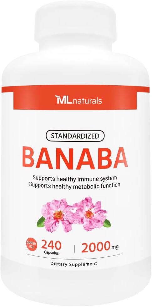 ML Naturals Standardized Banaba 2000 mg 240 cápsulas vegetales. Soporta Sistema Inmunitario Saludable y Función Metabólica. No GMO, NSF-Certified " cGMP-Compliant