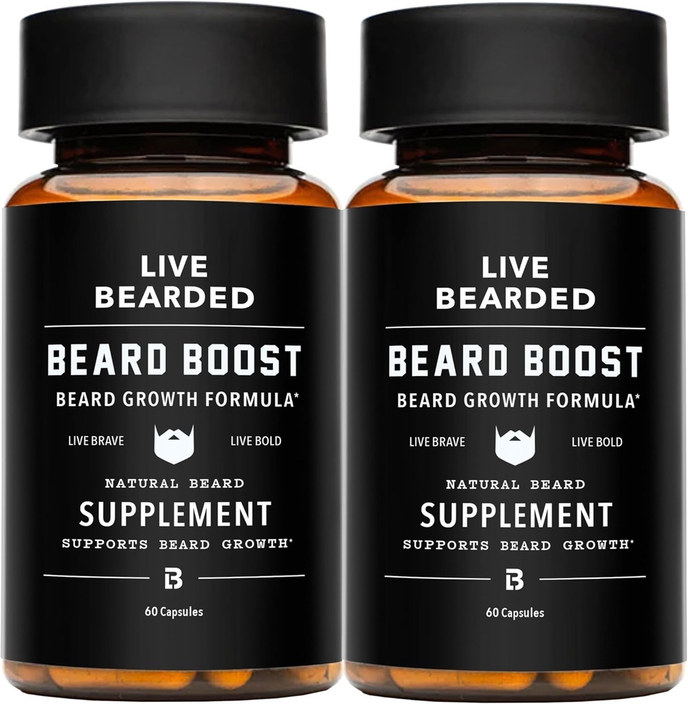 Boost de barba en vivo - Crecimiento de barba Vitaminas para hombres con biotina, colagen, silica, raíz de chorro Fo-Ti - Crecimiento facial del cabello para hombres, hecho en los EE.UU.