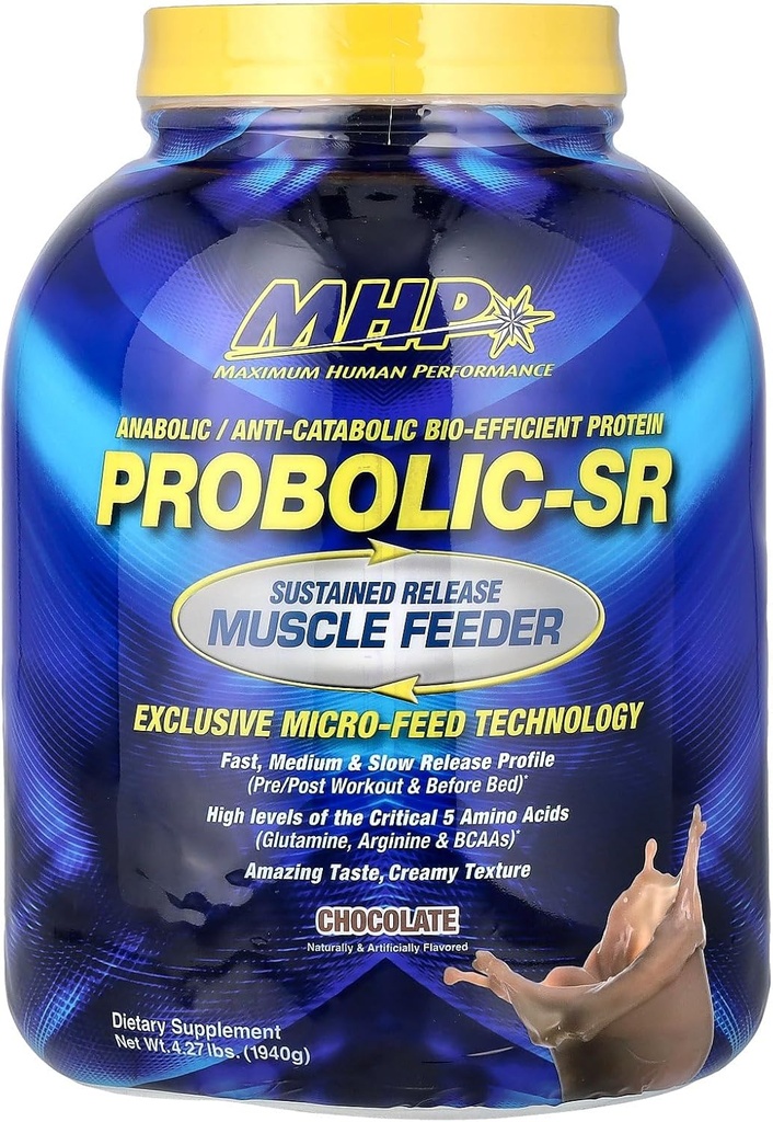 Maximum Human Performance Probolic-SR Sustained Release Protein Powder, 24g Protein, BCAAs, Glutamine, Arginine, Pre-Workout, Post-Workout, Nighttime Protein, 4lbs, 52 Servings, Chocolate