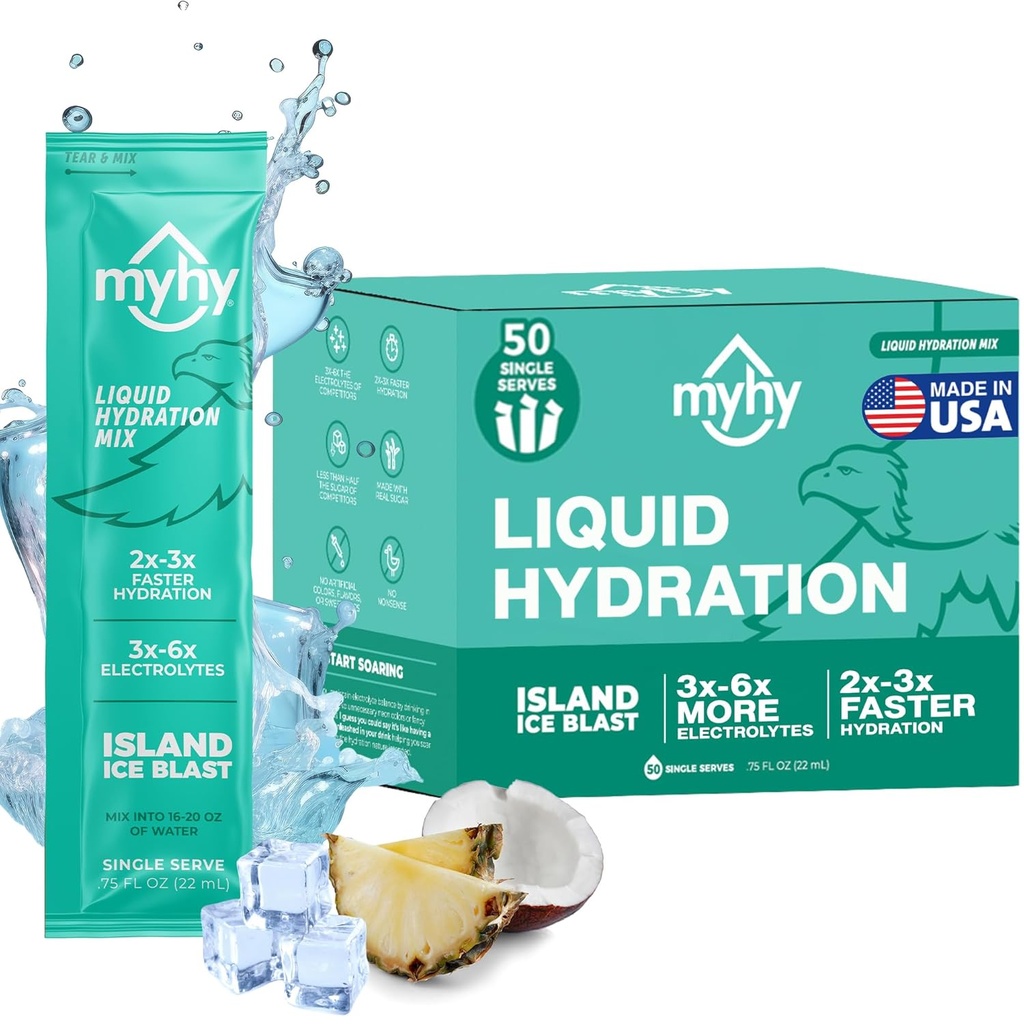 MyHy Liquid Hydration Packets, Electrolyte Drink Mix for Adults & Kids Hydration Support, Dehydration Relief for Travel, Pregnancy, Fitness, Bachelor &amp; Bachelorette Party – Island Ice, 50 Count