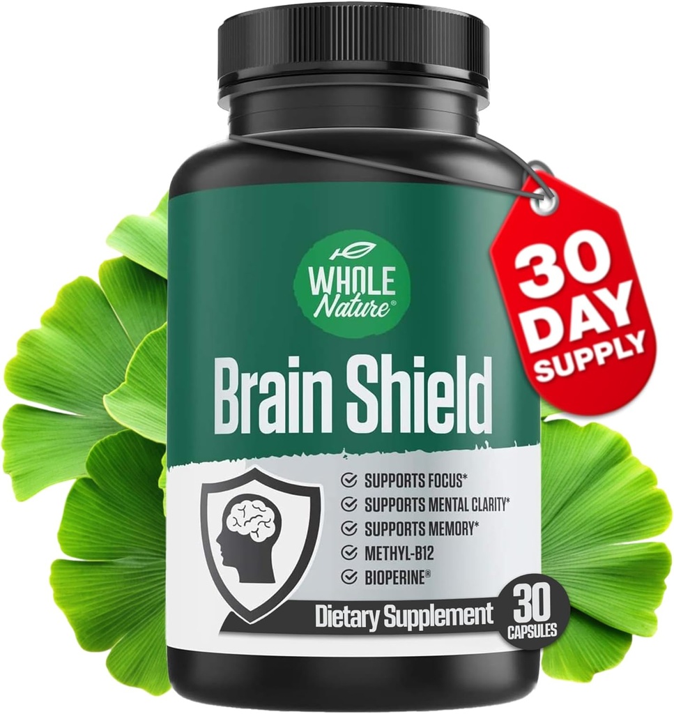 Brain Booster Nootropics - Brain Shield with Ginkgo Biloba, Alpha GPC and Bacopa Monnieri, Vitamin B12, B3 - Support Focus, Memory & Clarity, Energy & Stress Relief. (1)