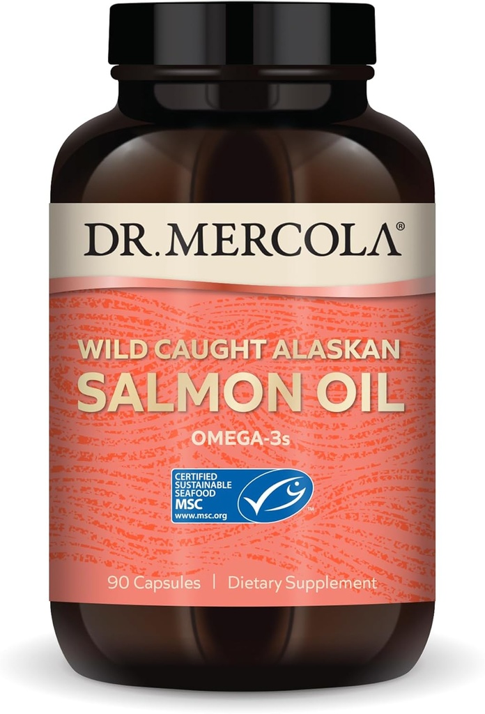 Dr. Mercola Wild Caught Alaskan Salmon Oil, 30 Servings (90 Capsules), Omega-3s, Suplemento dietético, Apoyos Saludable Cerebro y Función Cognitiva, No GMO, MSC Certificado