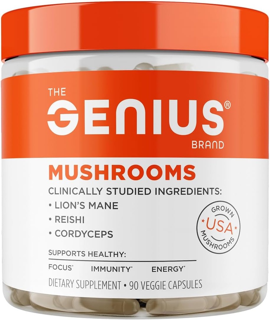 The Genius Brand Genius Mushrooms - Suplemento de base vegetal para Immune, Focus &amp; Energy Support - Lion's Mane, Cordyceps & Reishi - Organic & Non-GMO - 90 Veggie Capsules