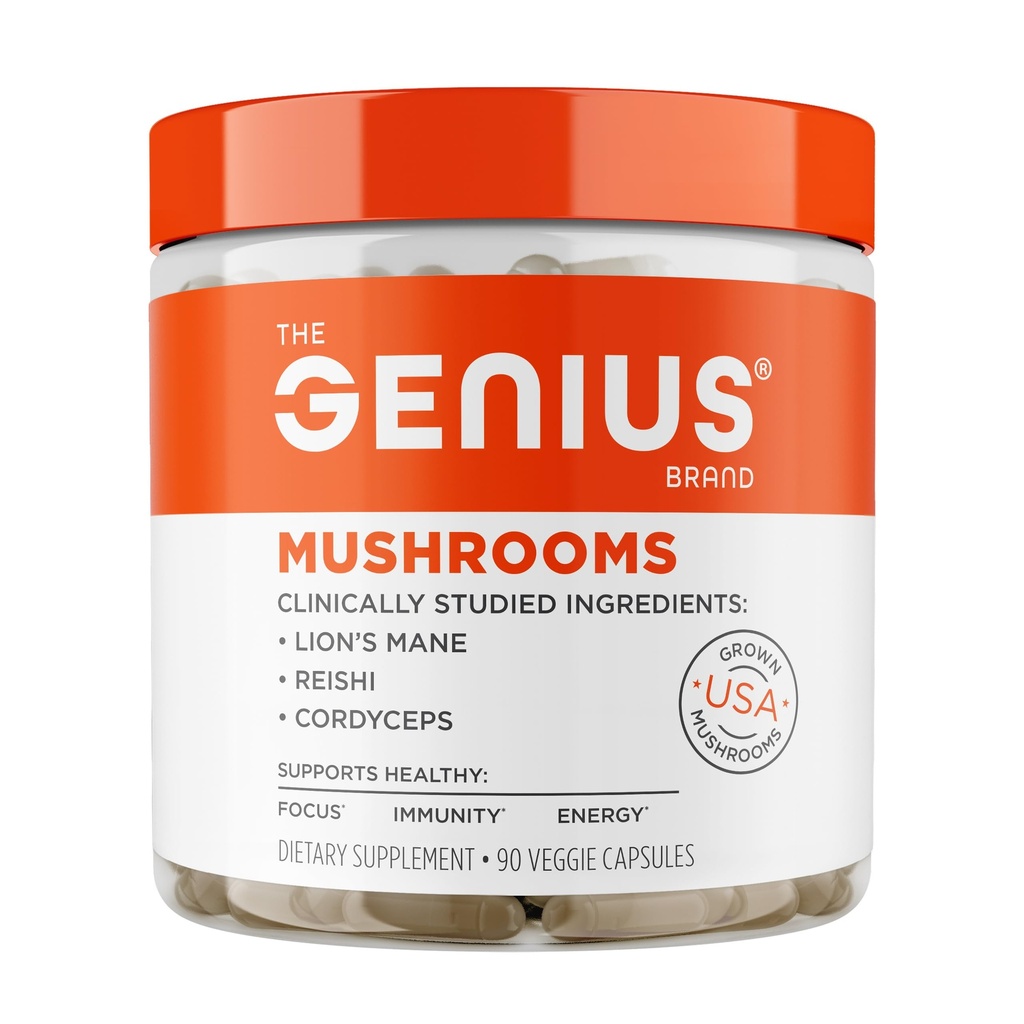 The Genius Brand Genius Mushrooms - Suplemento de base vegetal para Immune, Focus &amp; Energy Support - Lion's Mane, Cordyceps & Reishi - Organic & Non-GMO - 90 Veggie Capsules