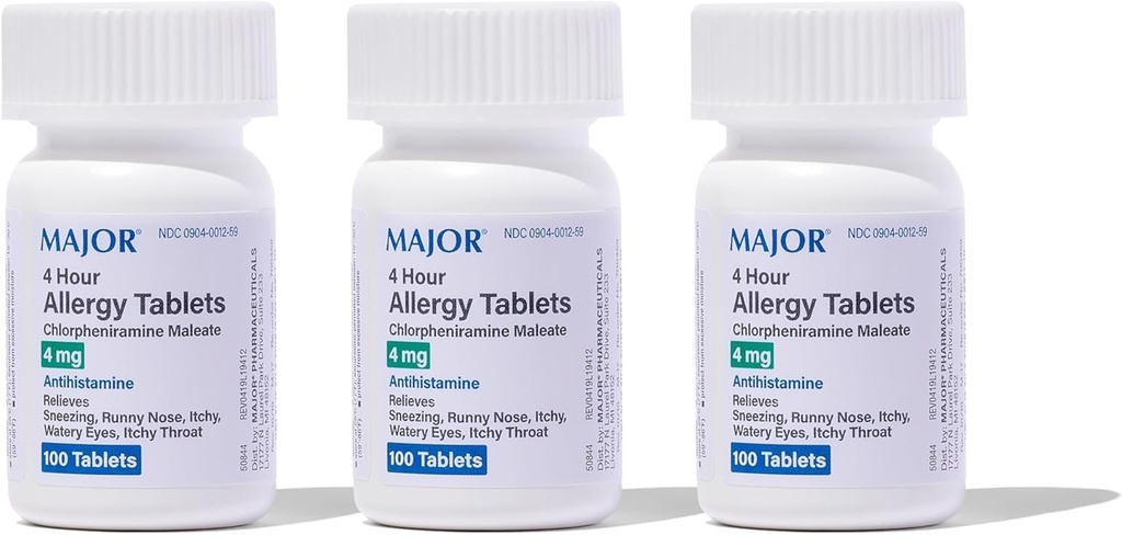 MAJOR 4 Mg Allergy Tablets - Chlorpheniramine Maleate 4-Hour Alergy Medicine - Antihistamine for Relief of Sneezing, Itchy Watery Eyes, Itchy Throat, and Runny Nose - 100 Count (3 Pack)