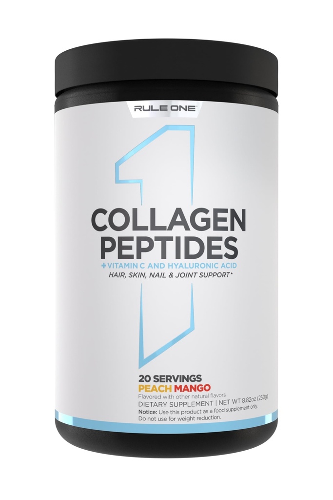 Regla 1 Collagen Peptides Powder - Bovina Hidrolyzed Collagen, ácido hialurónico y vitamina C. Soporta el cabello, la piel, " Nails (20 Servings, Peach Mango)