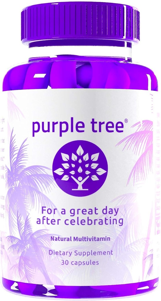 árbol púrpura Pos-Celebración Wellness Vitaminas ← Soporte para el hígado, Hidratación rápida, Replenishador del cuerpo ← Dihydromyricetin DHM, Milk Thistle, Electrolytes, Vitamina B, Willow Bark, Quercetina (30 Píldoras)