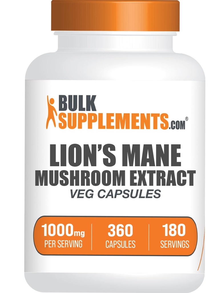 BulkSupplements.com León Mane Mushroom Extract Capsules - Suplemento de hongos, Suplemento de cerebro para memoria y apoyo en foco - Vegan, 2 cápsulas por ser (1000mg), 360 cápsulas (Pack de 1)